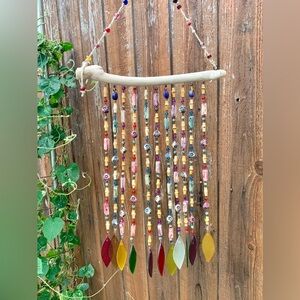 NEW! Rainbow Glass Wind Chime Sun Catcher Mobile Retro Floral Beads & Driftwood